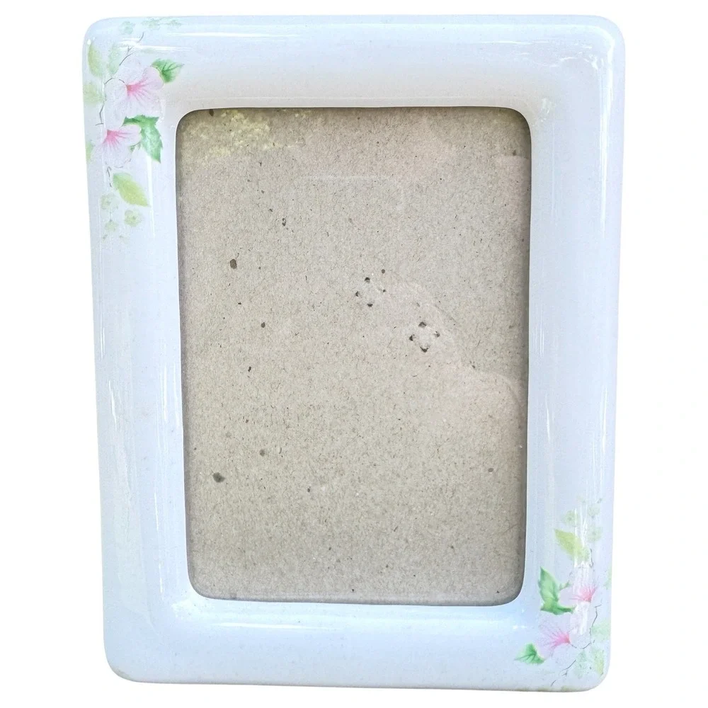 Vintage White Ceramic Picture Frame Pink Hibiscus Floral 4x6 Tabletop Decor